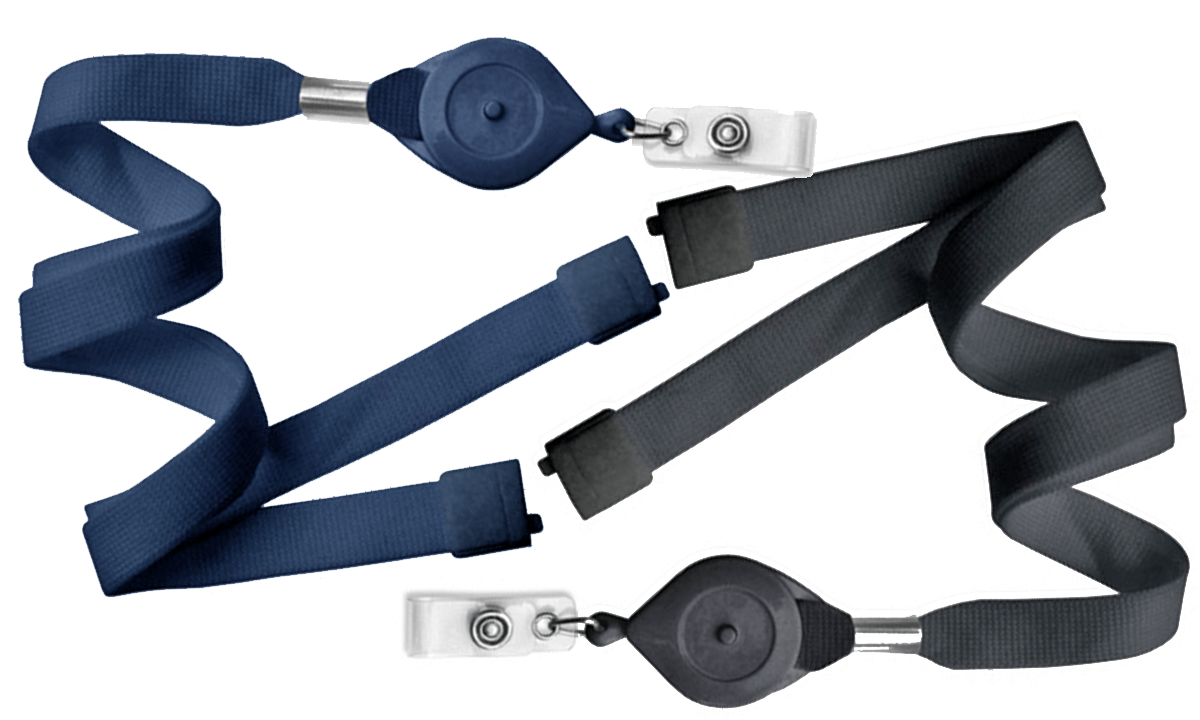 Lanyards planos de 15 mm con cierre de seguridad y broche yoyó con botón de bloqueo rápido