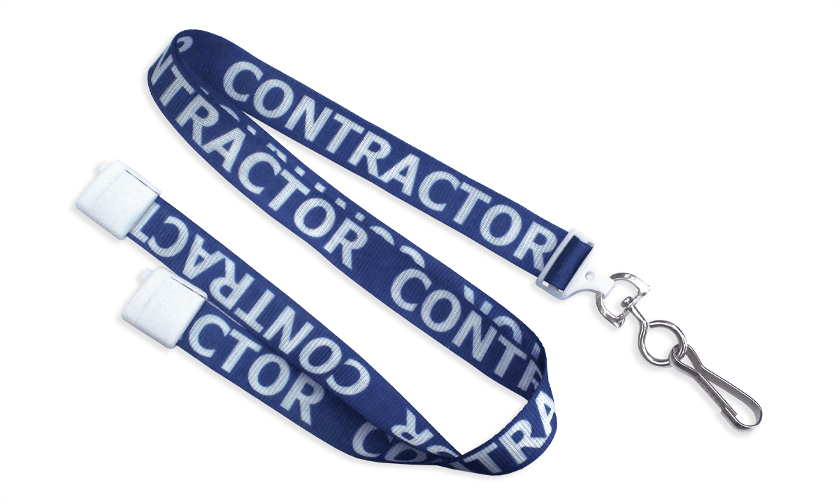 Lanyards satinados preimpresos "CONTRACTOR" de 15 mm con cierre de seguridad y mosquetón giratorio metálico