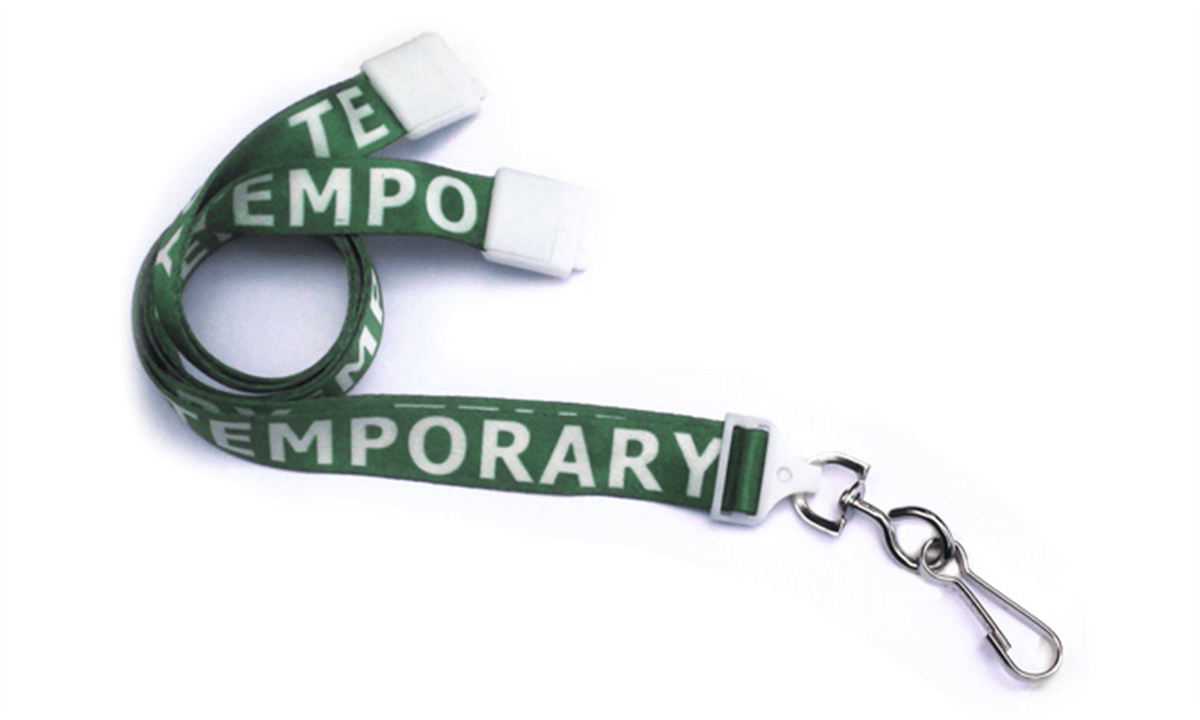 Lanyards satinados preimpresos "TEMPORARY" de 15 mm con cierre de seguridad y mosquetón giratorio metálico