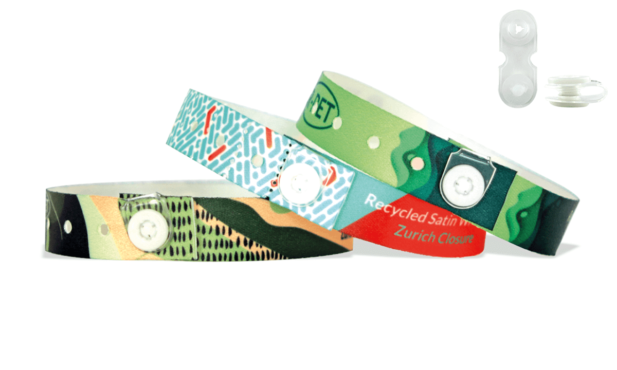 Pulseras de satén RECICLADO con cierre de botón de presión de vinilo transparente (Zurich)