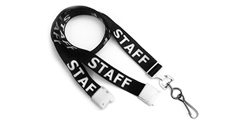 Lanyards satinados preimpresos "STAFF" de 15 mm con cierre de seguridad y mosquetón giratorio metálico