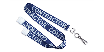 Lanyards satinados preimpresos "CONTRACTOR" de 15 mm con cierre de seguridad y mosquetón giratorio metálico