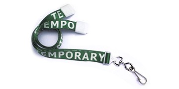 Lanyards satinados preimpresos "TEMPORARY" de 15 mm con cierre de seguridad y mosquetón giratorio metálico